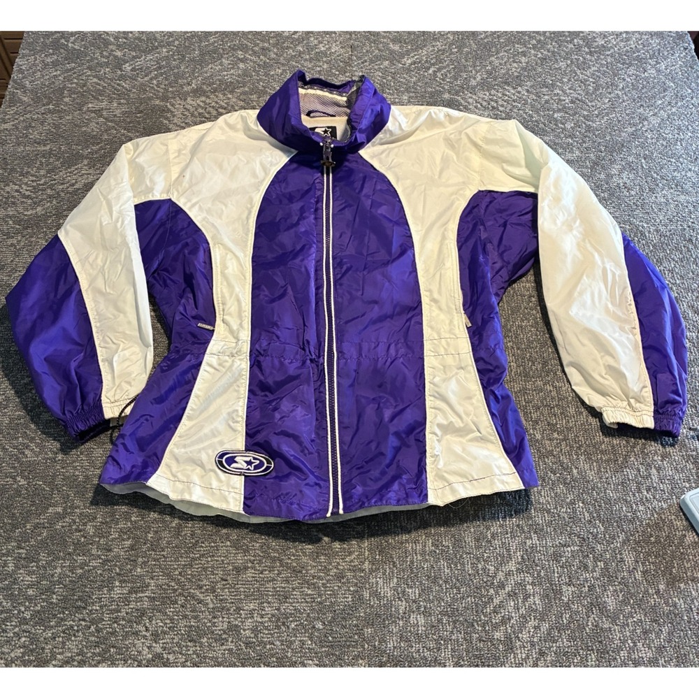 Vintage 90s Starter Windbreaker Jacket Womens Medium Purple White Nylon Full Zip